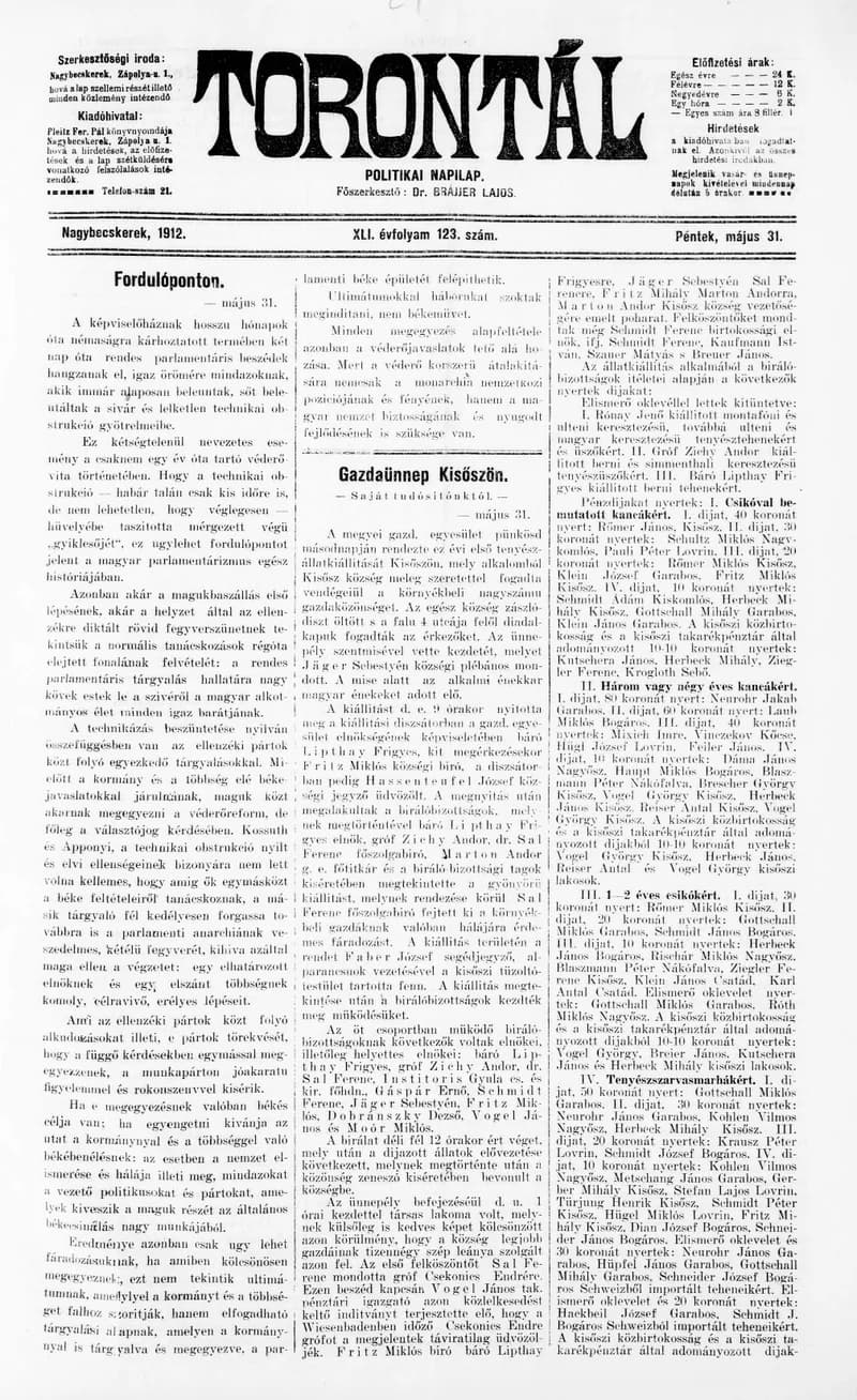 Torontál, 41. évf. 1912. május 31. 123. sz.
