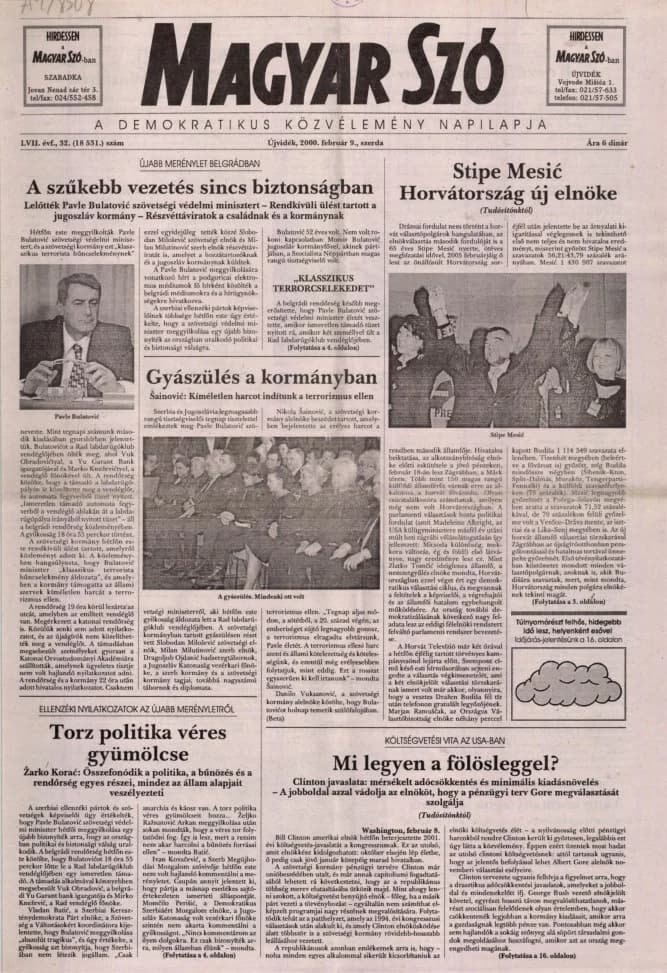 Magyar Szó, 57. évf. 2000. február 9. 32. sz. 1–16. oldal