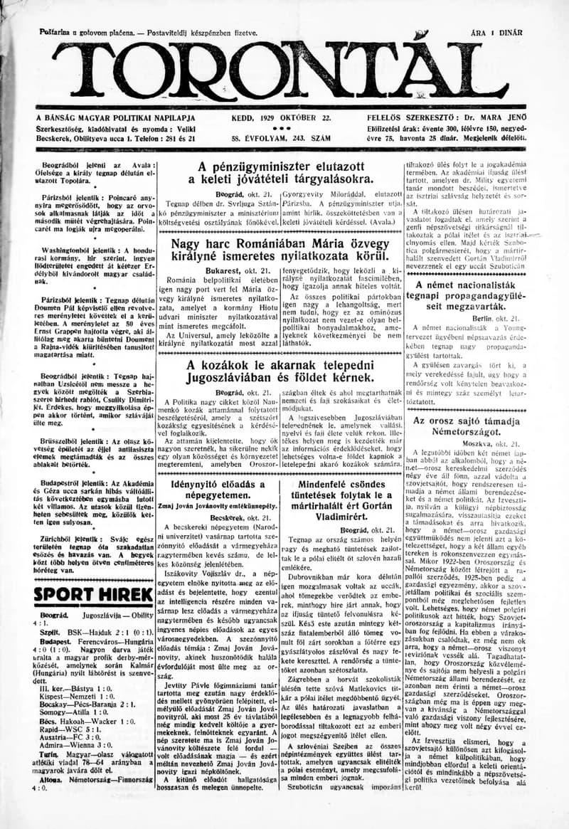 Torontál, 58. évf. 1929. október 22. 243. sz.