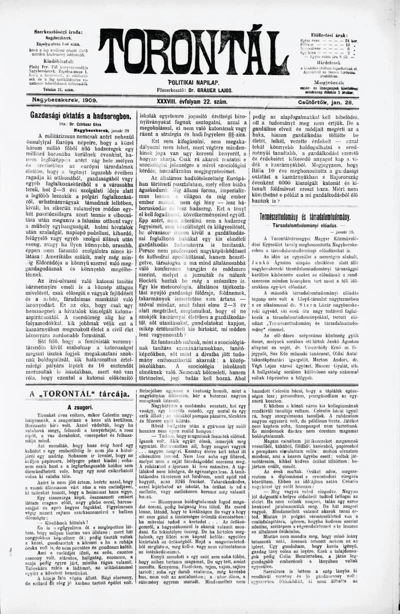 Torontál, 38. évf. 1909. január 28. 22. sz.