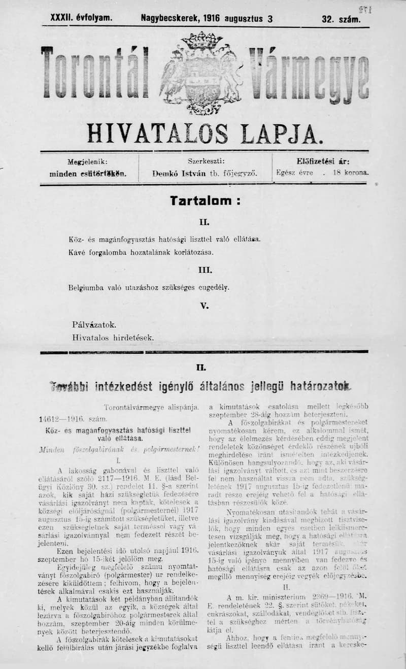 Torontál Vármegye Hivatalos Lapja, 32. évf. 1916. augusztus 3. 32. sz.