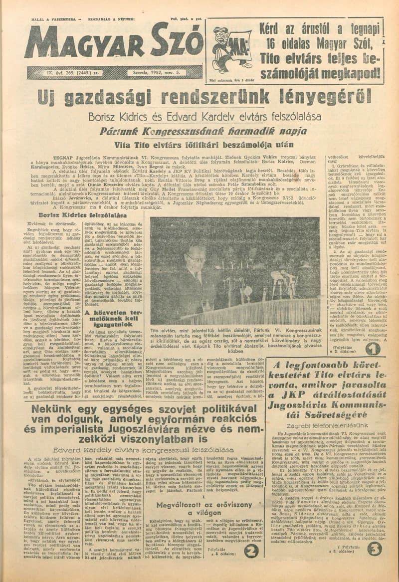 Magyar Szó, 9. évf. 1952. november 5. 265. sz. 1–6. oldal