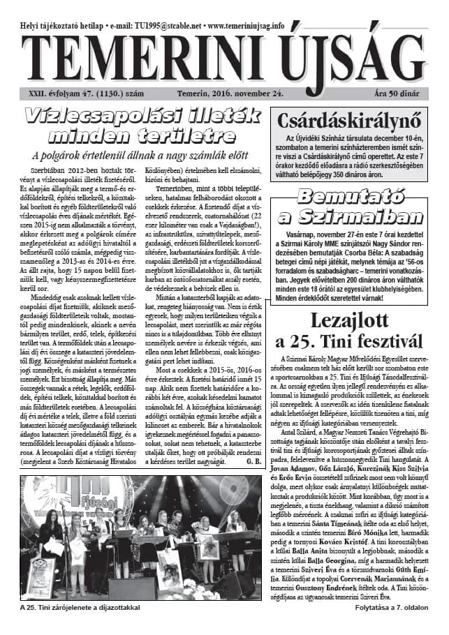 Temerini Újság, 22. évf. 2016. november 24. 47. sz.