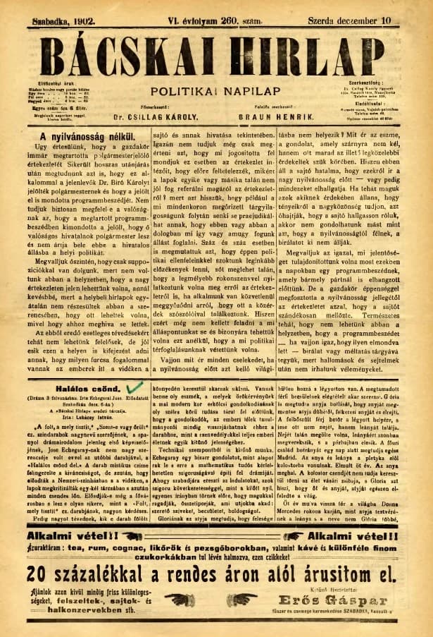 Bácskai Hirlap, 6. évf. 1902. december 10. 260. sz.