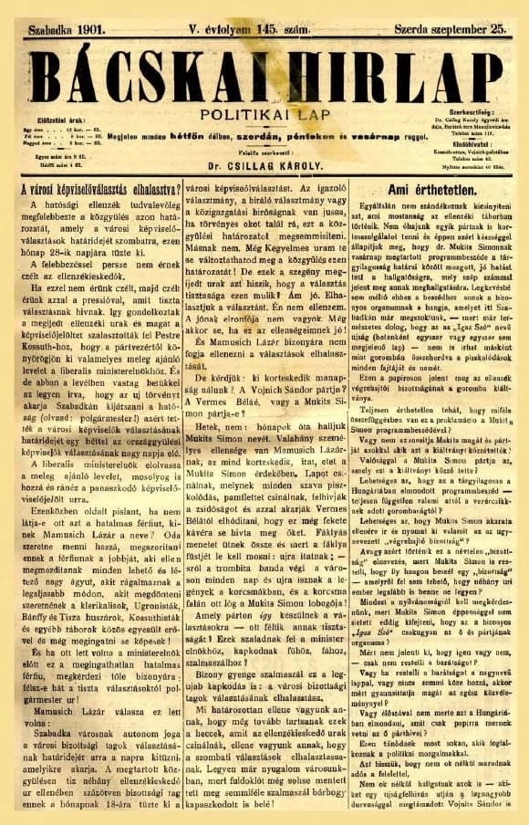 Bácskai Hirlap, 5. évf. 1901. szeptember 25. 145. sz.