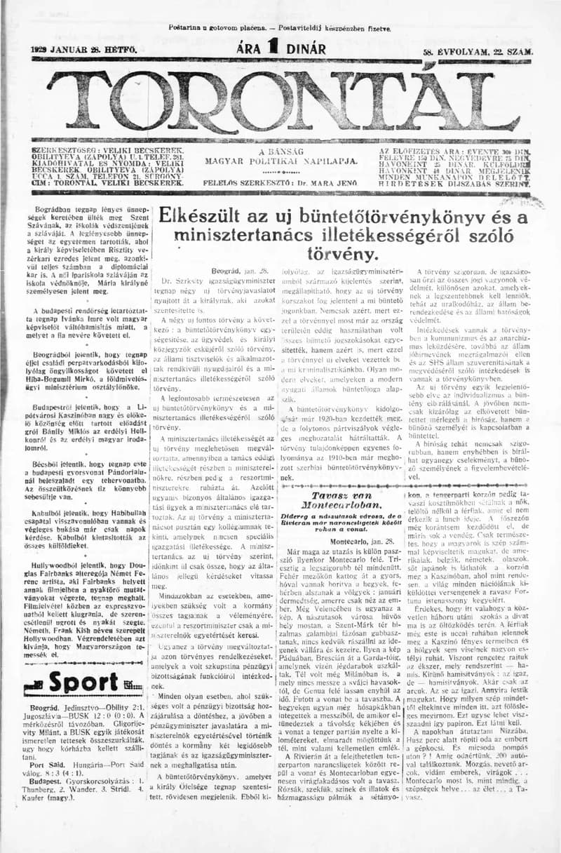 Torontál, 58. évf. 1929. január 28. 22. sz.