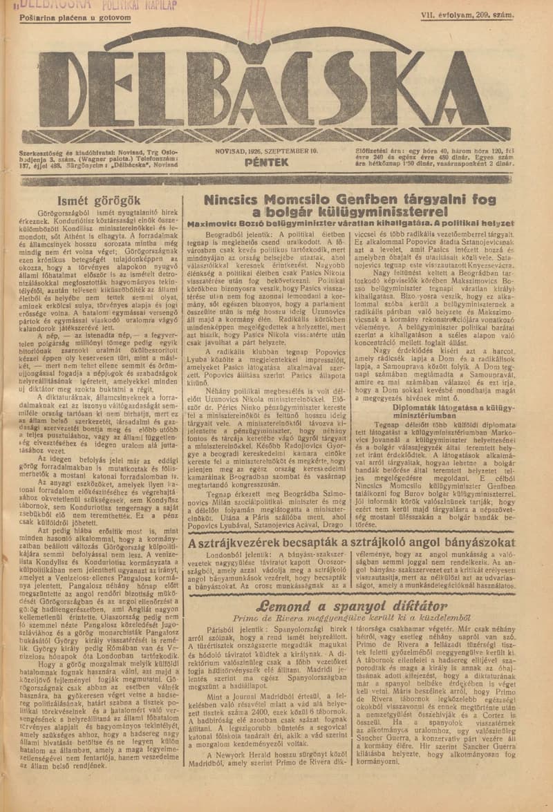Délbácska, 7. évf. 1926. szeptember 10. 209. sz.