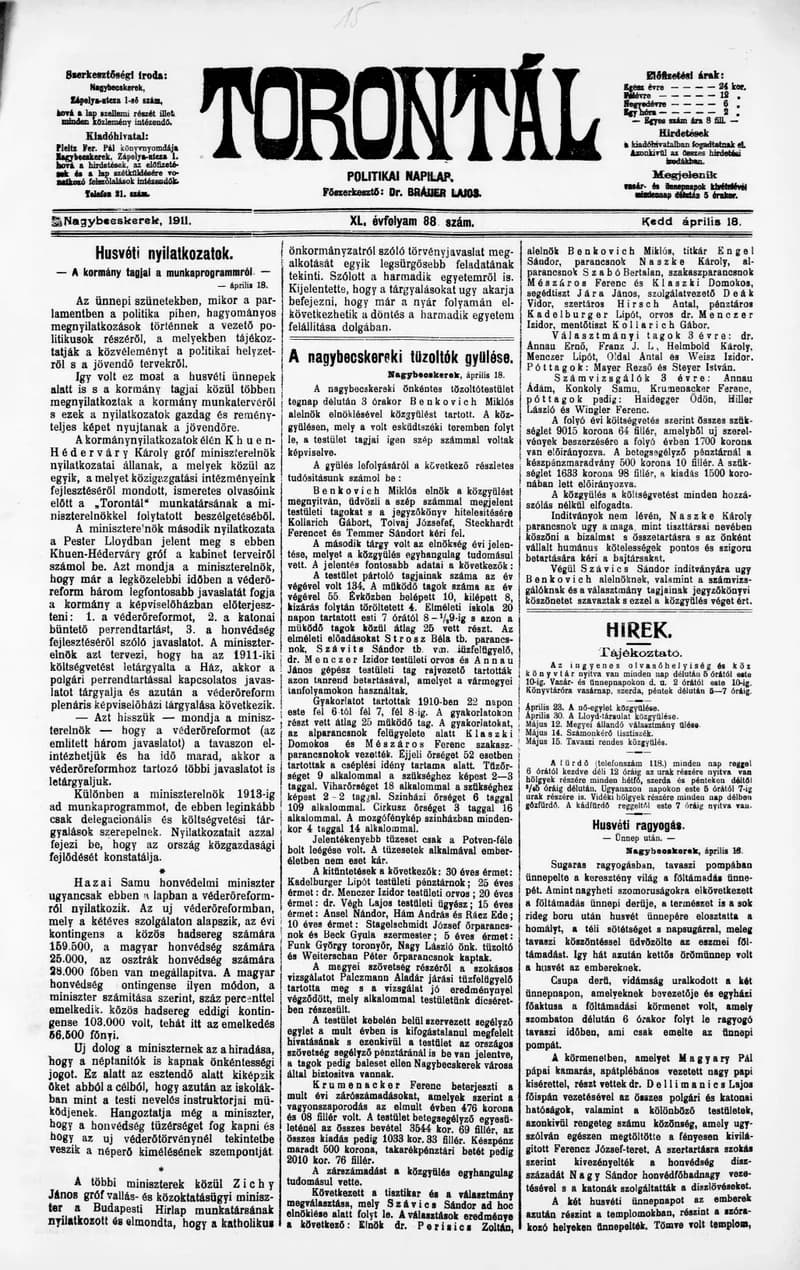 Torontál, 40. évf. 1911. április 18. 88. sz.