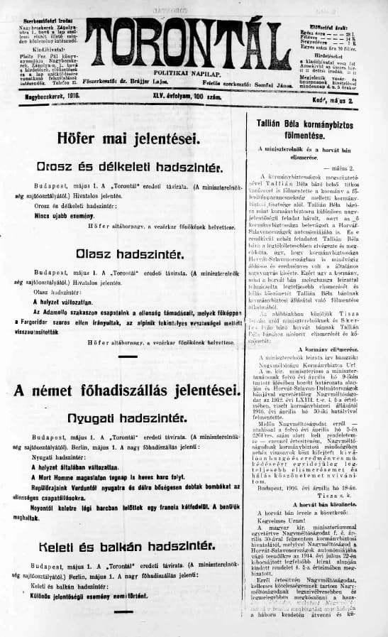 Torontál, 45. évf. 1916. május 2. 100. sz.