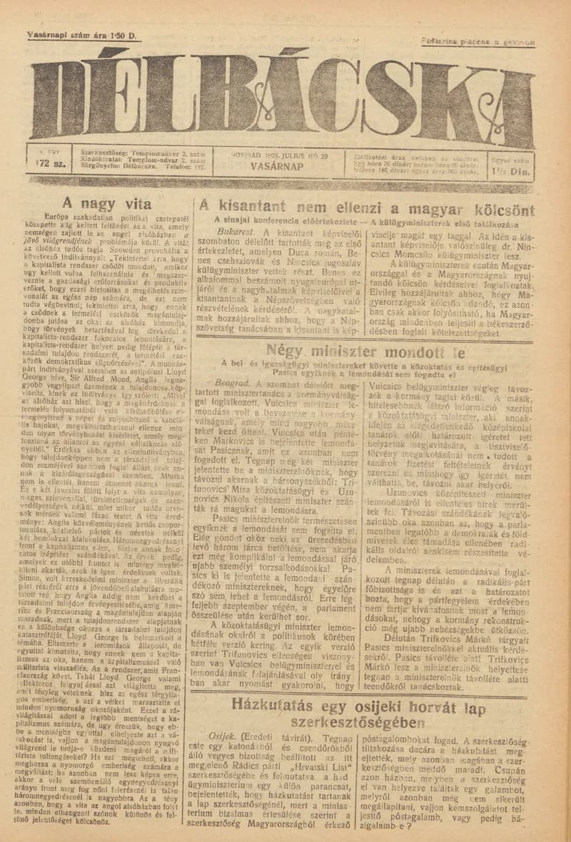 Délbácska, 4. évf. 1923. július 29. 172. sz.
