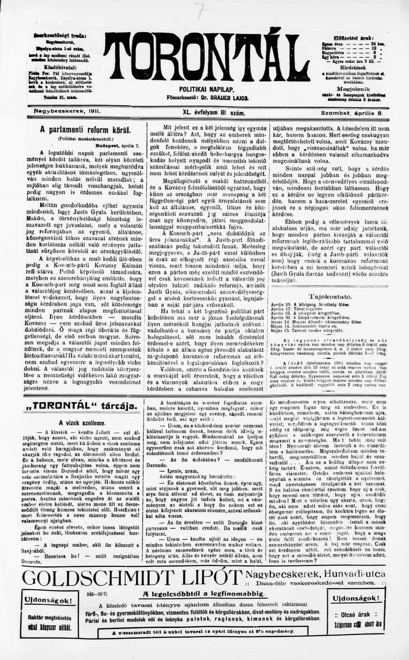 Torontál, 40. évf. 1911. április 8. 81. sz.