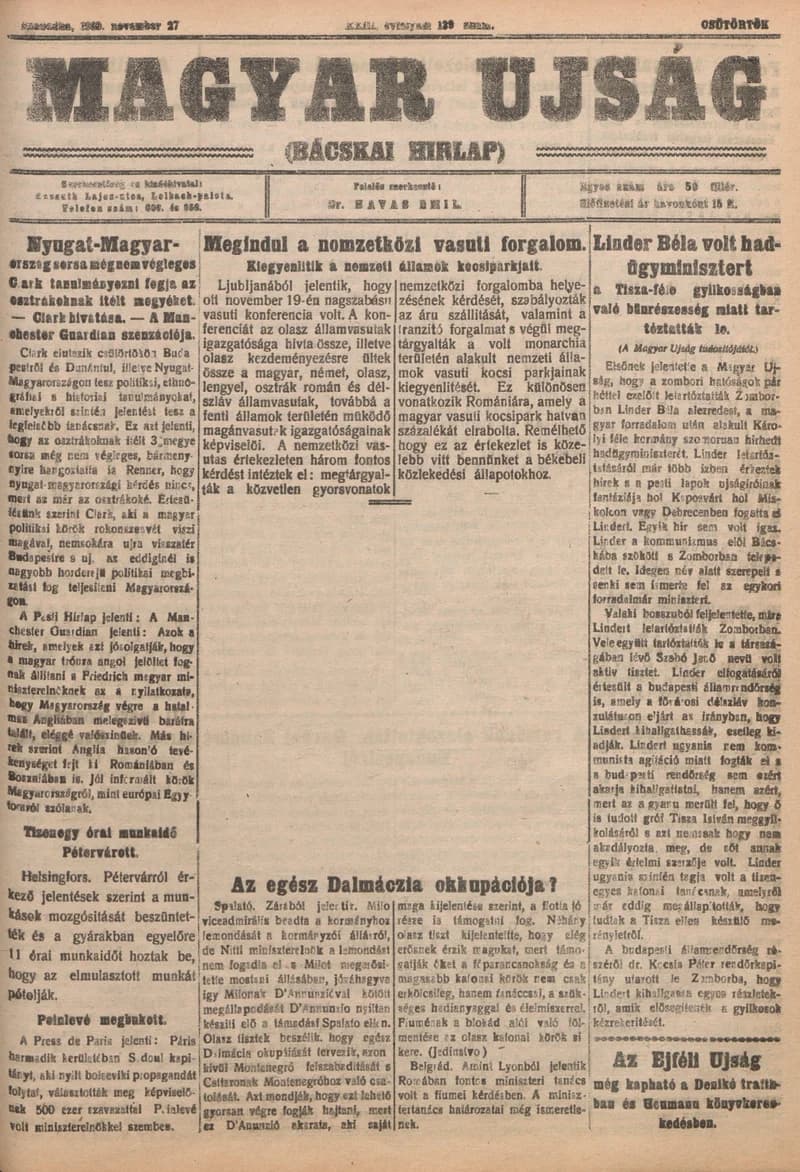 Bácskai Hirlap, 23. évf. 1919. november 27. 139. sz.