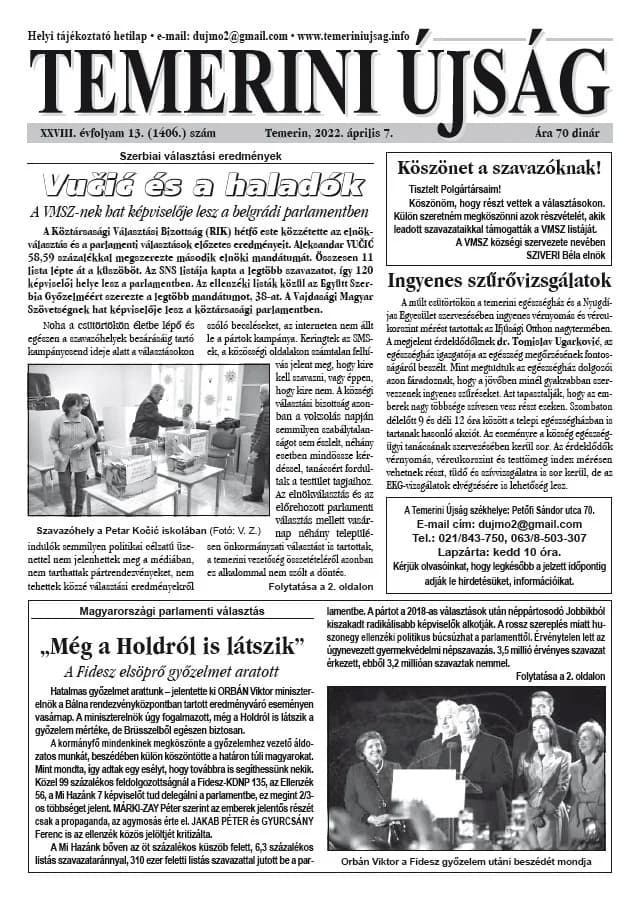 Temerini Újság, 26. évf. 2022. április 7. 13. sz.