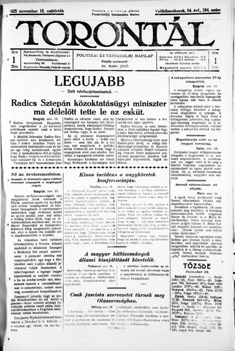Torontál, 54. évf. 1925. november 19. 264. sz.