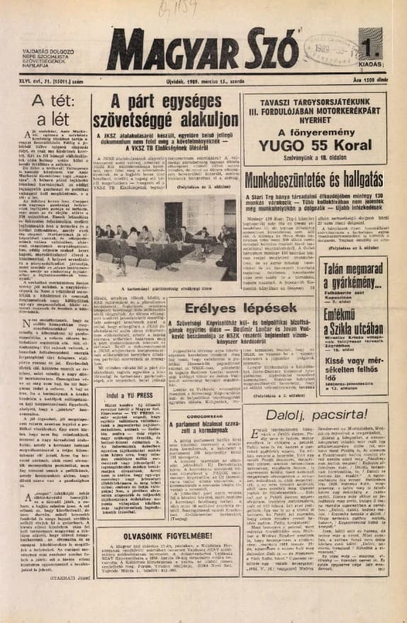 Magyar Szó, 46. évf. 1989. március 15. 71. sz. 1–20. oldal