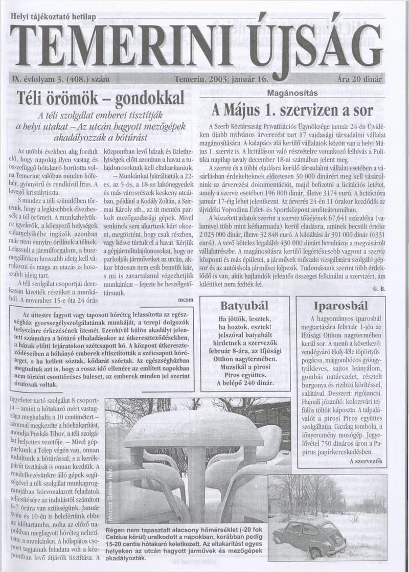 Temerini Újság, 9. évf. 2003. január 16. 3. sz.