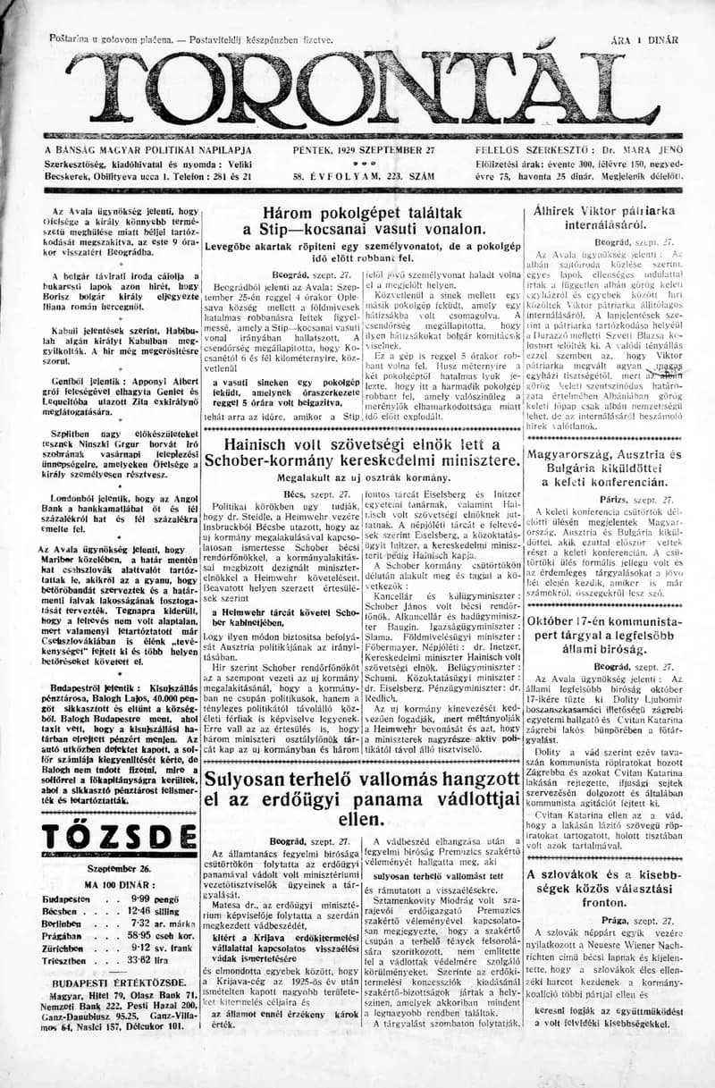 Torontál, 58. évf. 1929. szeptember 27. 223. sz.