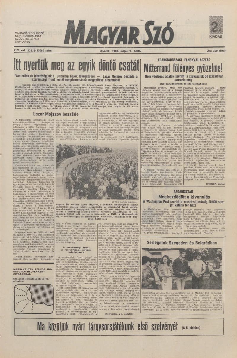 Magyar Szó, 45. évf. 1988. május 9. 126. sz. 1–20. oldal