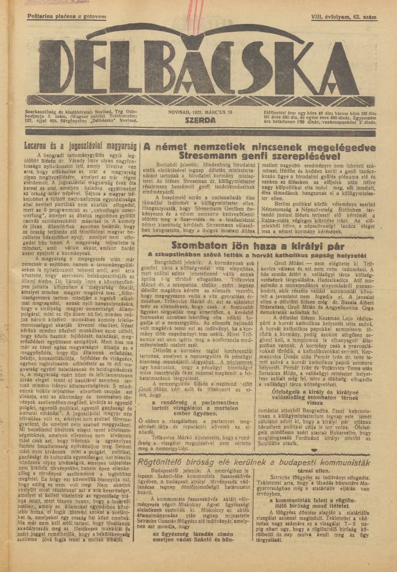 Délbácska, 8. évf. 1927. március 16. 62. sz.