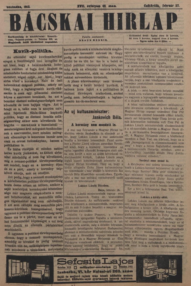 Bácskai Hirlap, 17. évf. 1913. február 27. 48. sz.