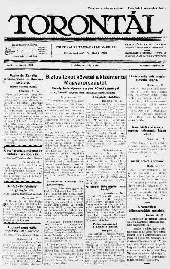 Torontál, 50. évf. 1921. október 29. 239. sz.