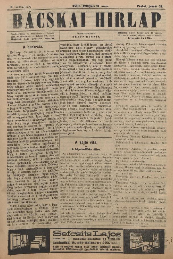 Bácskai Hirlap, 18. évf. 1914. január 23. 18. sz.