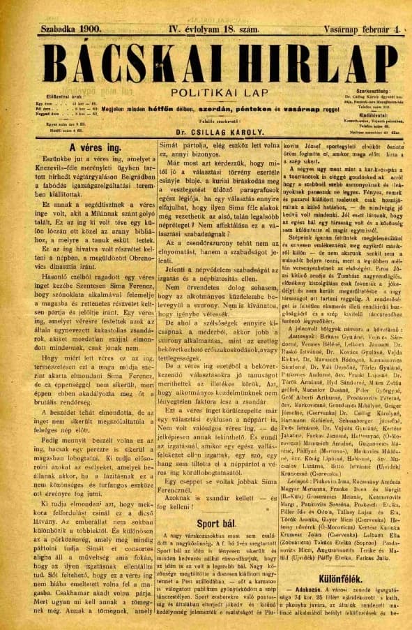 Bácskai Hirlap, 4. évf. 1900. február 4. 18. sz.