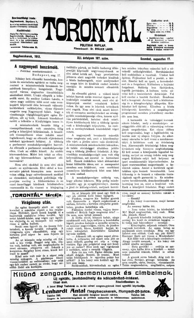 Torontál, 41. évf. 1912. augusztus 17. 187. sz.