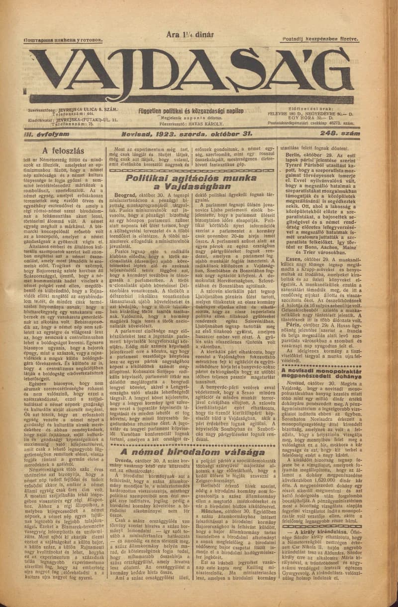 Vajdaság, 3. évf. 1923. október 31. 248. sz.
