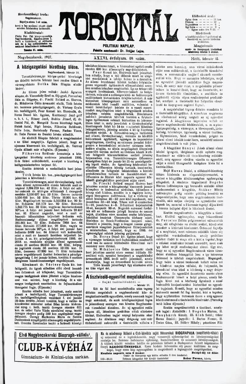 Torontál, 36. évf. 1907. február 18. 40. sz.