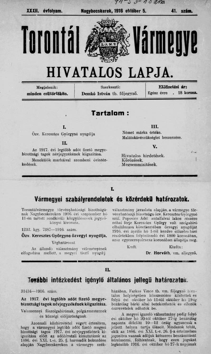 Torontál Vármegye Hivatalos Lapja, 32. évf. 1916. október 5. 41. sz.