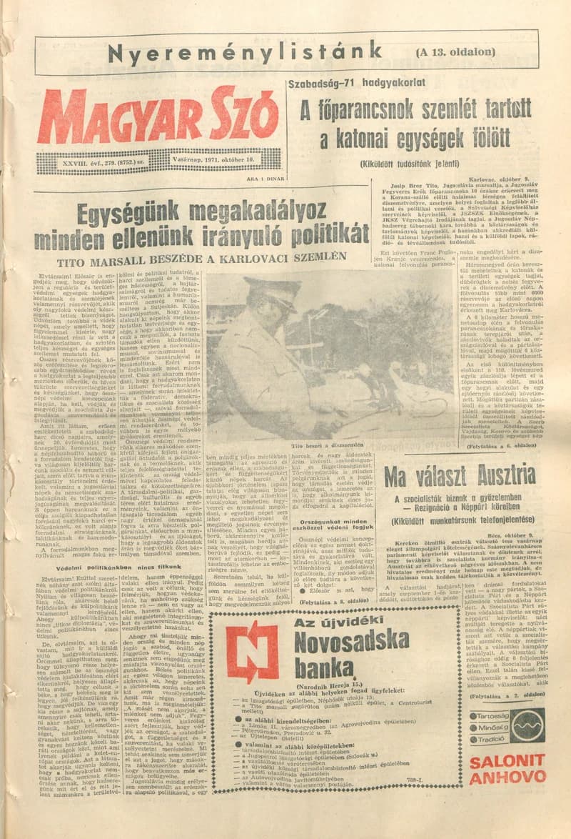 Magyar Szó, 28. évf. 1971. október 10. 279. sz. 1–32. oldal
