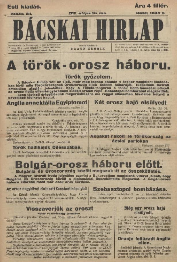 Bácskai Hirlap, 18. évf. 1914. október 31. 275. sz.