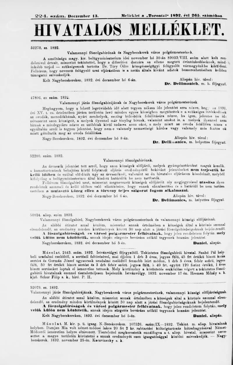 A Totontál  hivatalos melléklete, 5. évf. 1892. december 13. 224. sz.