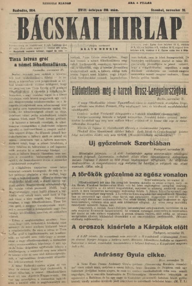 Bácskai Hirlap, 18. évf. 1914. november 21. 310. sz.