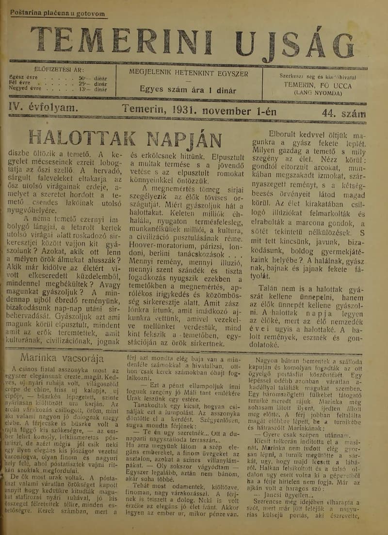 Temerini Újság 1928-1944, 4. évf. 1931. november 1. 44. sz.