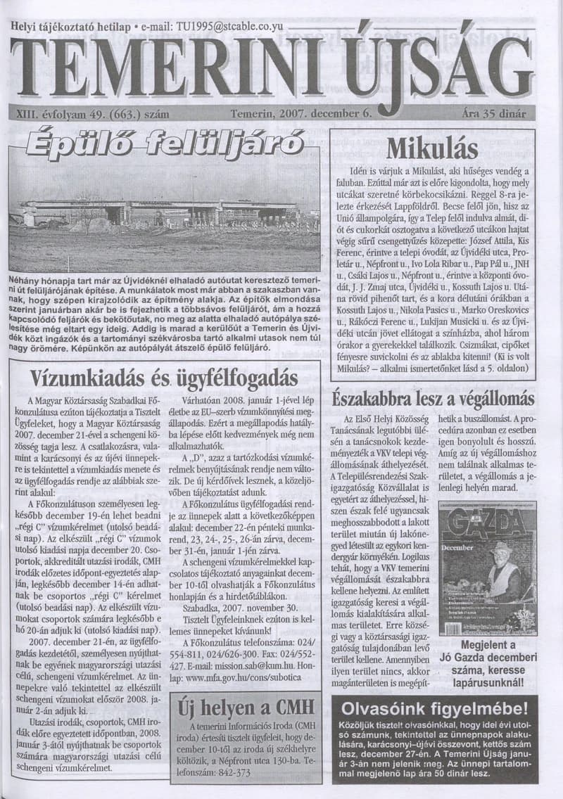 Temerini Újság, 13. évf. 2007. december 6. 49. sz.