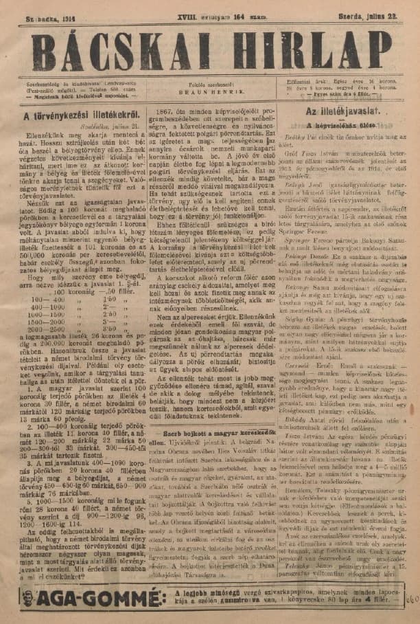 Bácskai Hirlap, 18. évf. 1914. július 22. 164. sz.