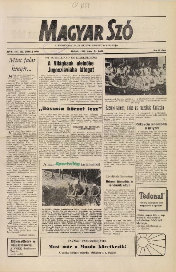 Magyar Szó, 48. évf. 1991. június 3. 150. sz. 1–20. oldal