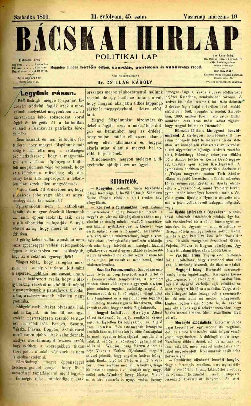 Bácskai Hirlap, 3. évf. 1899. március 19. 45. sz.