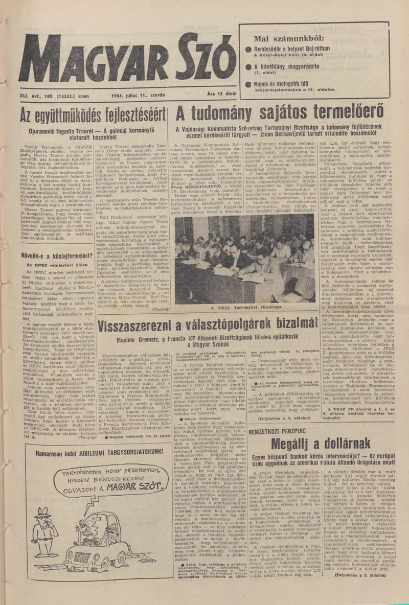 Magyar Szó, 41. évf. 1984. július 11. 189. sz. 1–16. oldal