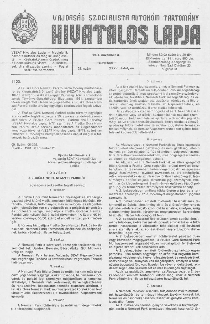 Vajdaság Szocialista Autonóm Tartomány Hivatalos Lapja, 37. évf. 1981. november 3. 28. sz.