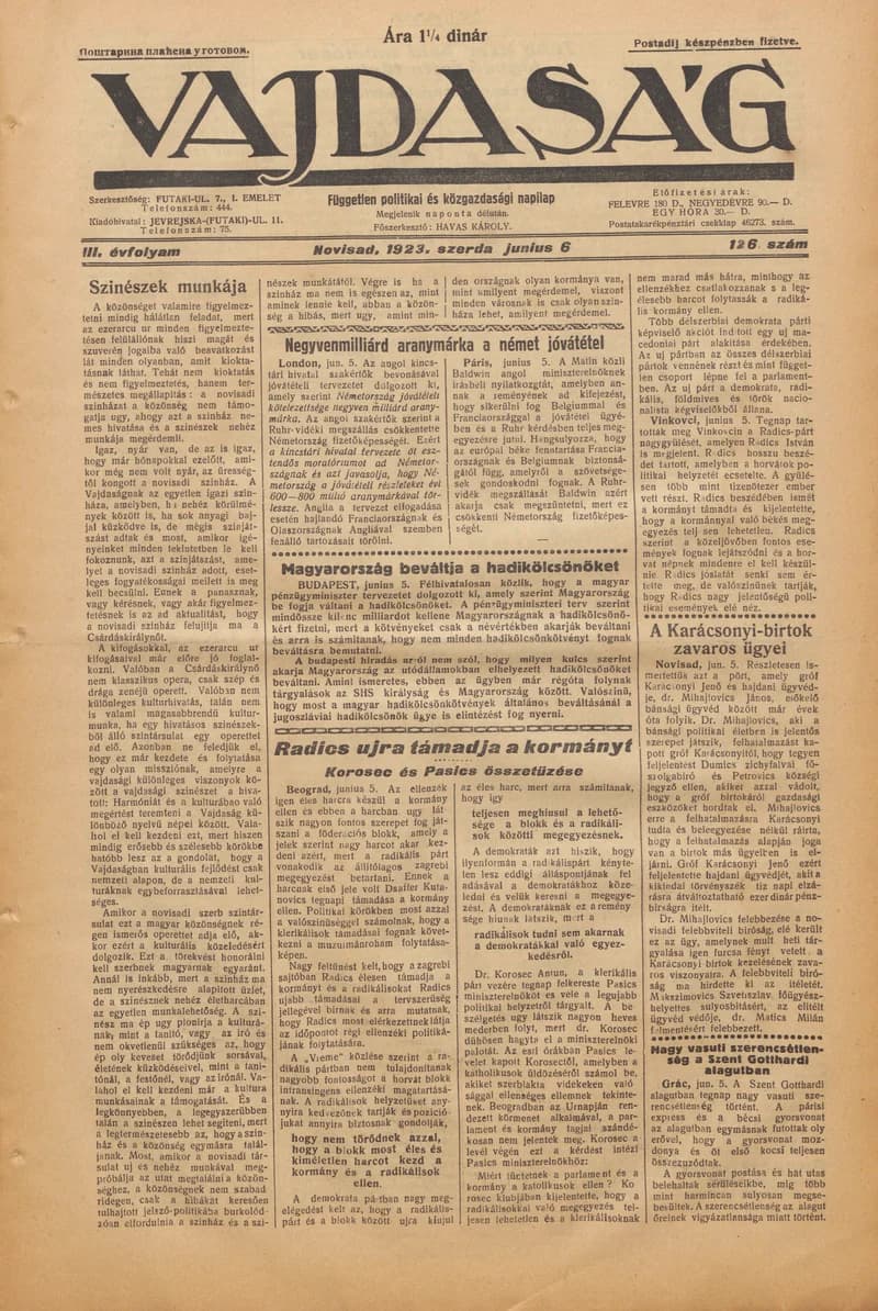 Vajdaság, 3. évf. 1923. június 6. 126. sz.
