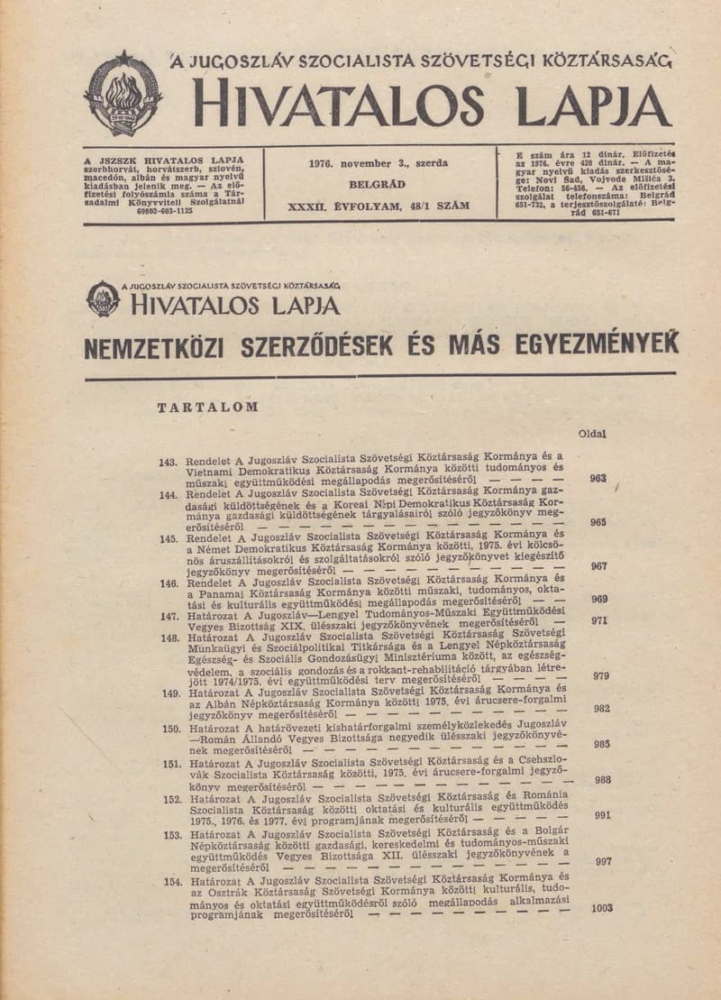 A Jugoszláv Szocialista Szövetségi Köztársaság Hivatalos Lapja, 32. évf. 1976. november 3. 48. sz.