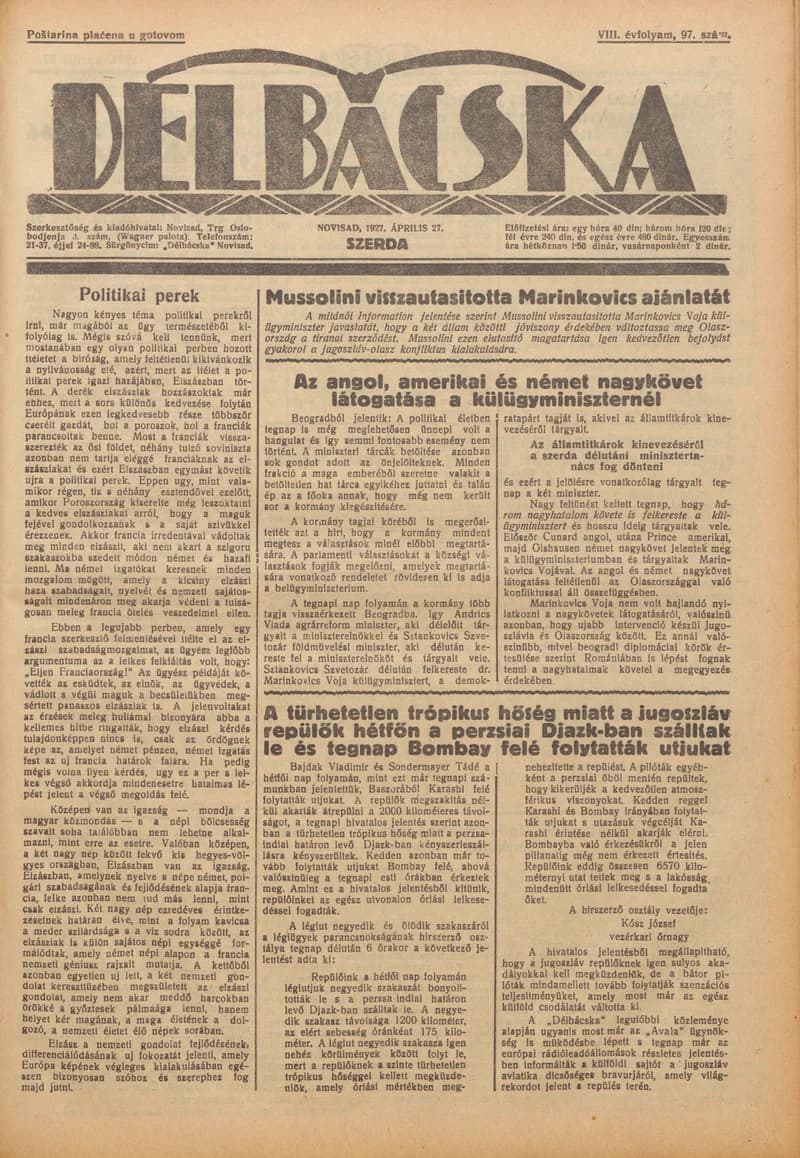 Délbácska, 8. évf. 1927. április 27. 97. sz.