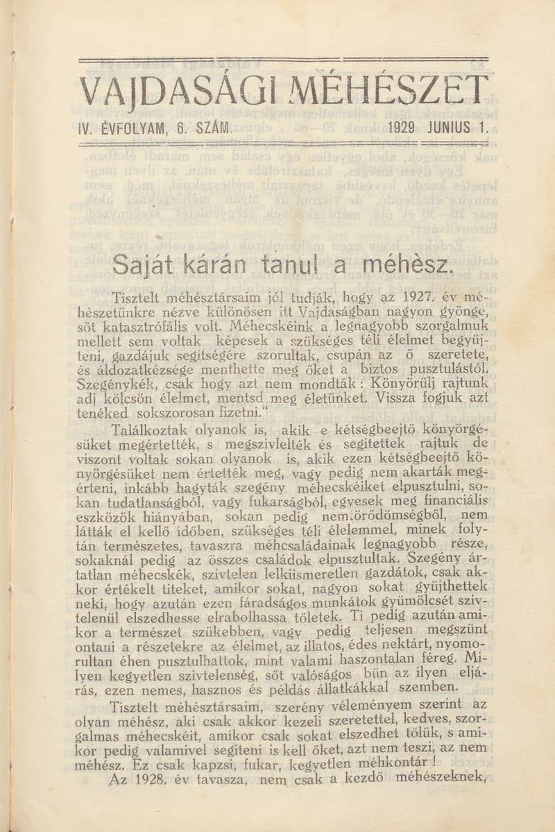 Vajdasági méhészet, 4. évf. 1929. június 1. 6. sz.