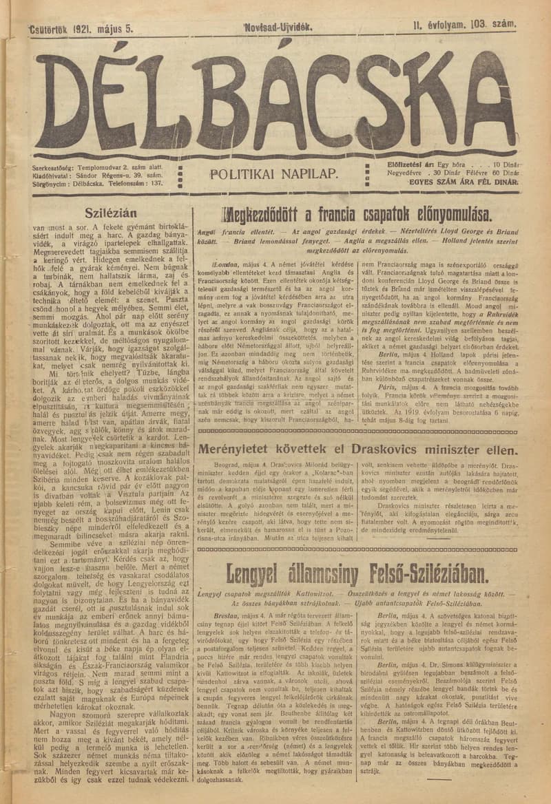 Délbácska, 2. évf. 1921. május 5. 103. sz.