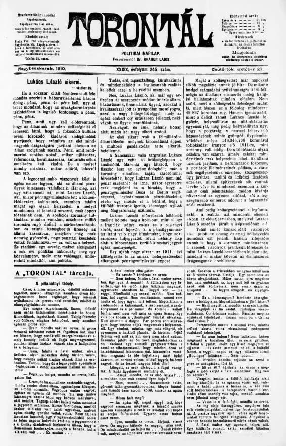 Torontál, 39. évf. 1910. október 27. 245. sz.