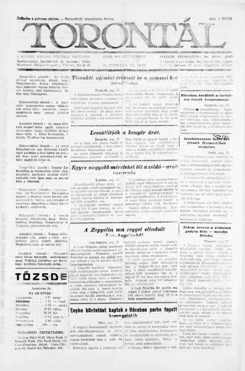 Torontál, 58. évf. 1929. augusztus 27. 196. sz.