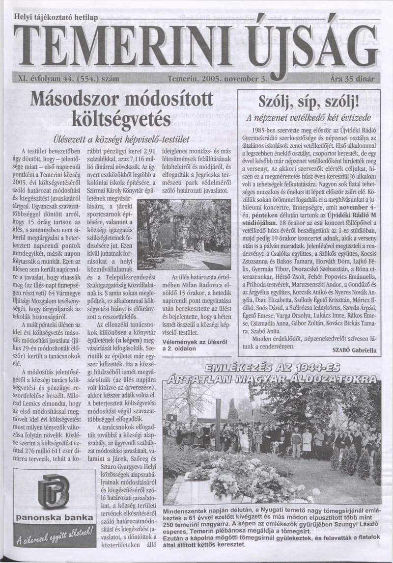 Temerini Újság, 11. évf. 2005. november 3. 44. sz.